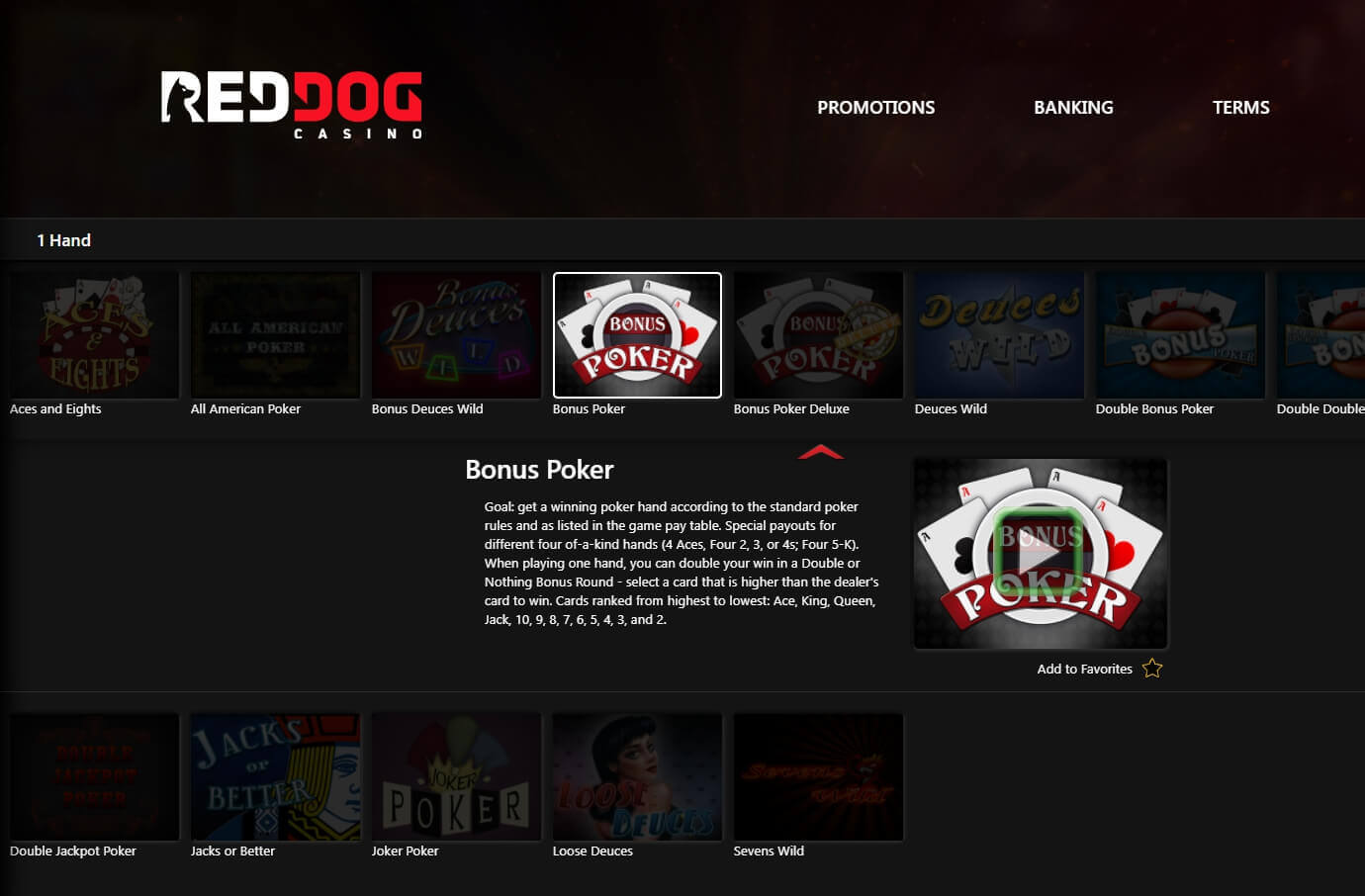 Red Dog Casino Video Poker