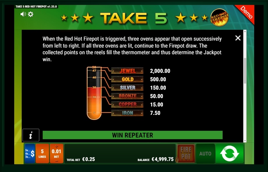 take 5 red hot firepot slot machine detail image 3